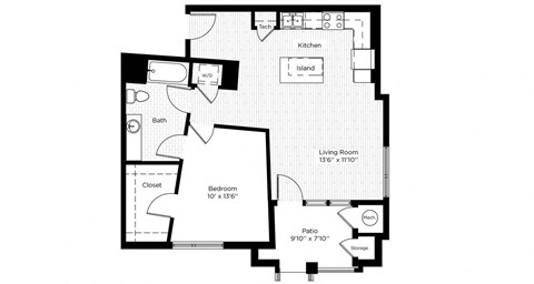 Floor plan for 1 bed, 1 bath, 697 sqft